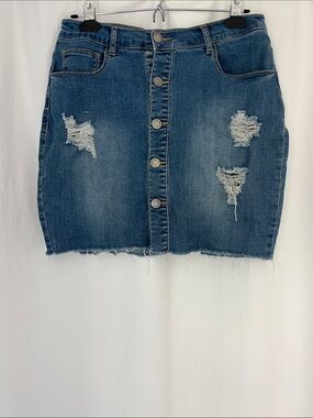 Black Label Distressed Blue Denim Button-Front Mini Skirt